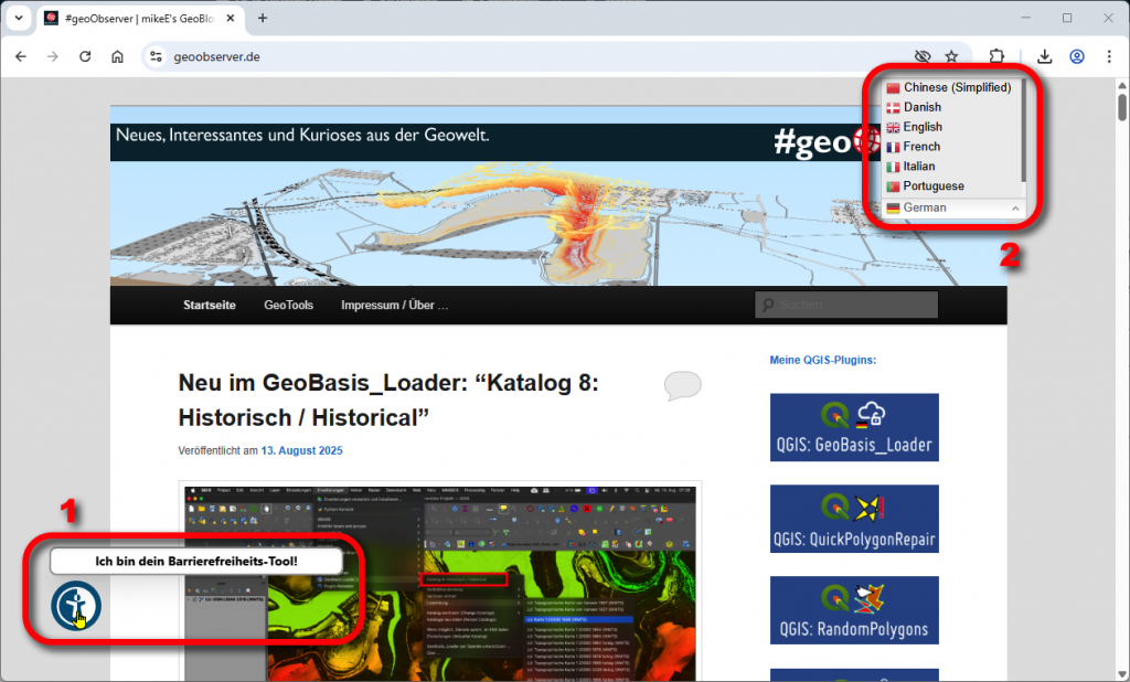 Screenshot: Tool zum Einstellen von Barrierefreiheits-Parametern (1) und Menü zur Sprachauswahl (2)