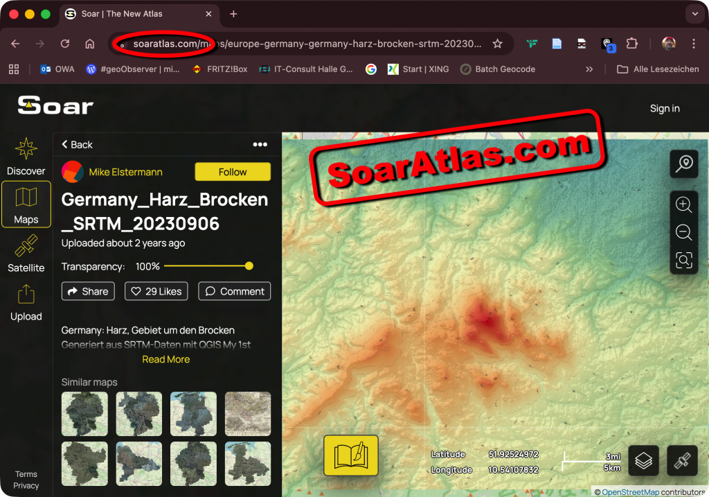 Screenshot: Mein Test mit Höhendaten vom Brocken im Harz [5] auf den neuen Adresse SoarAtlas.com [4]